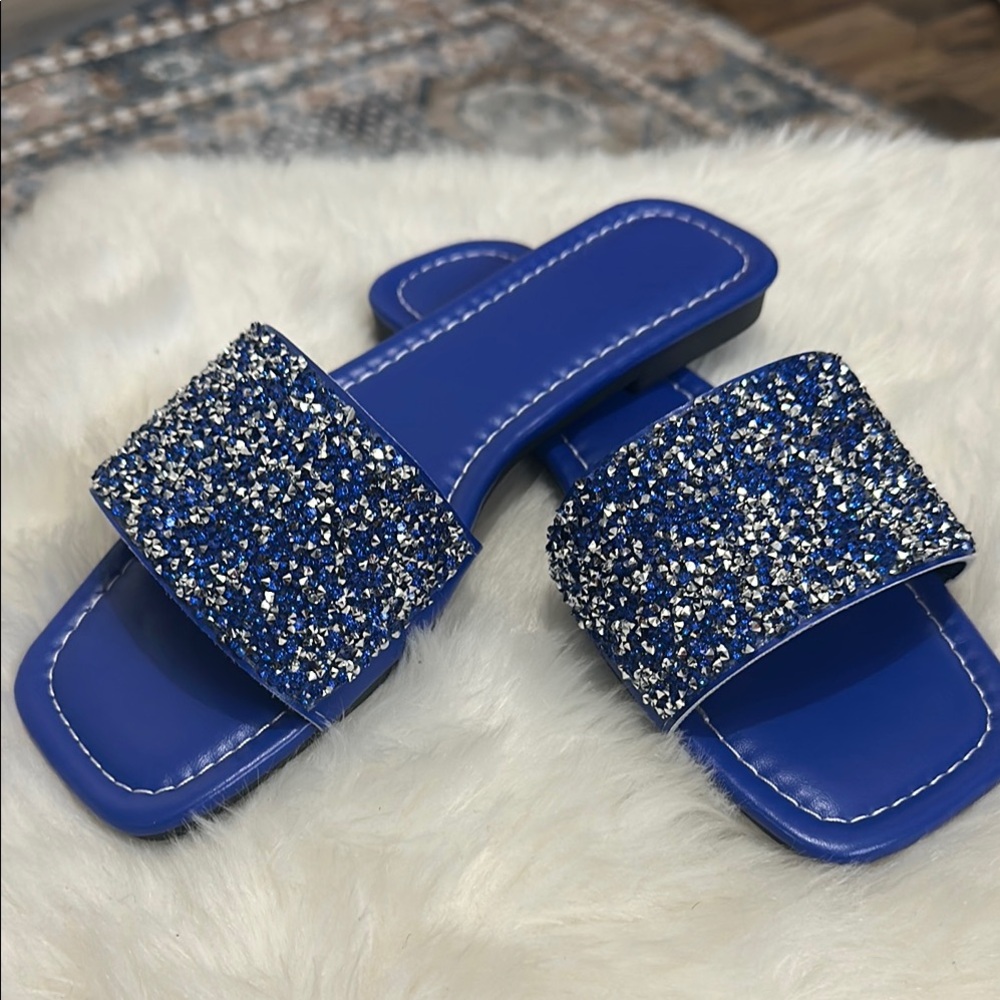 Blue Glitter Slide Sandals still in box.